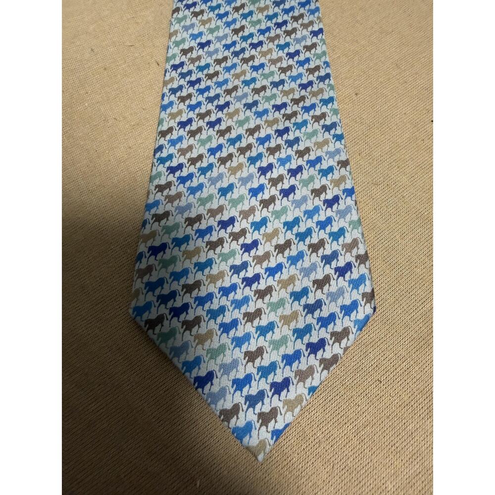 Hermes Paris Silk Tie Mens One Size Blue Horse Parade Twill Print Made In France